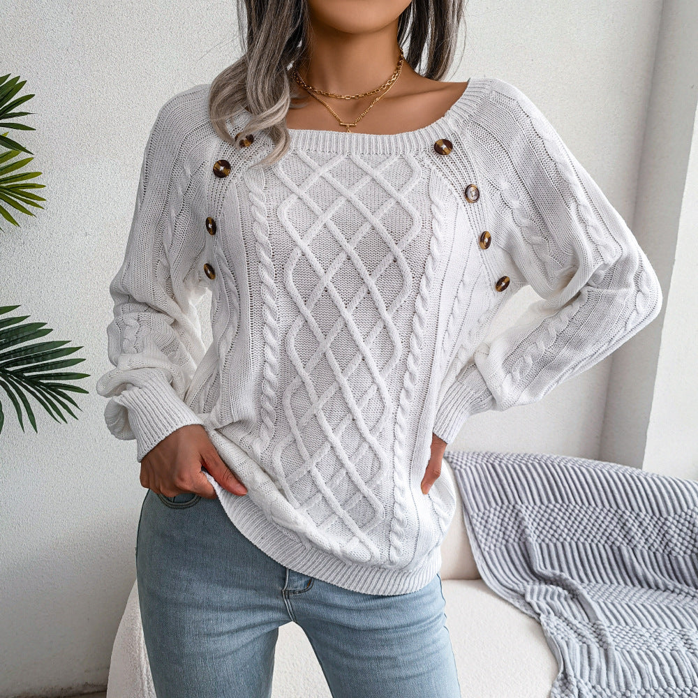 Square Neck Knitted Sweater With Button Design Winter Warm Long Sleeve Tops Women's Clothing Demandx