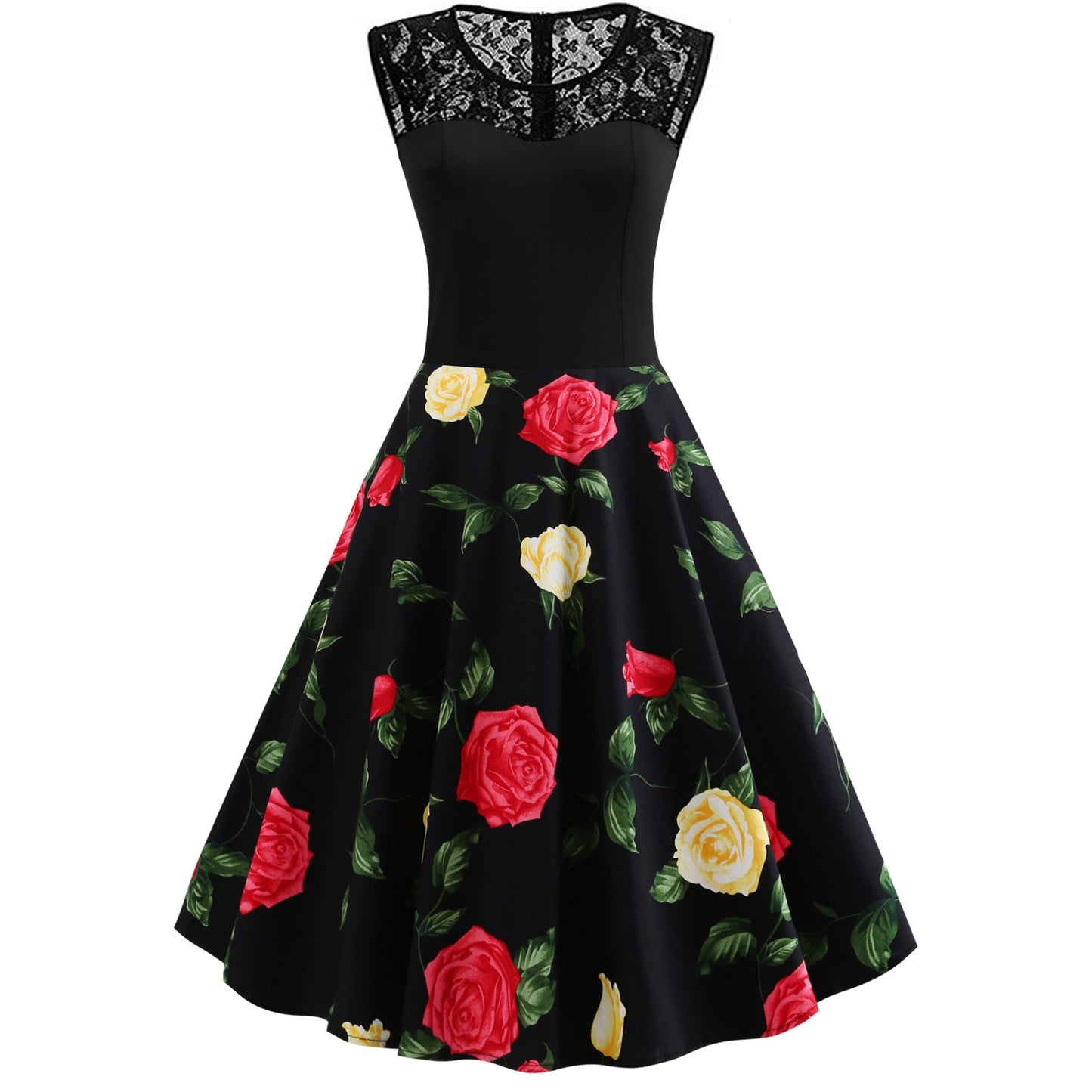 Lace Stitching Sleeveless Hot-selling Floral-print Retro Dress Demandx