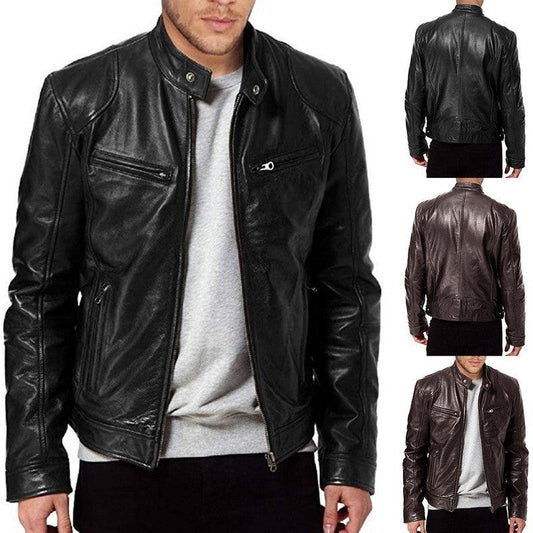 Men's Zip Cardigan PU Leather Jacket With Stand Collar Demandx