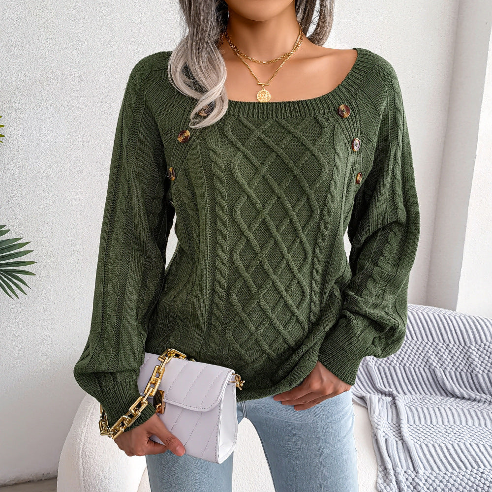 Square Neck Knitted Sweater With Button Design Winter Warm Long Sleeve Tops Women's Clothing Demandx