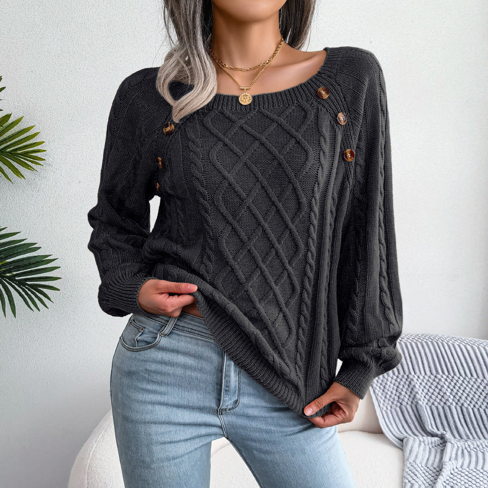 Square Neck Knitted Sweater With Button Design Winter Warm Long Sleeve Tops Women's Clothing Demandx