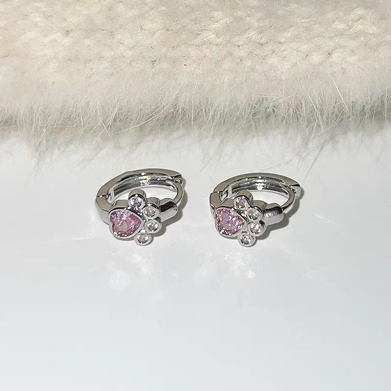 Female Diamond Studded Love Cat Foot Earrings Demandx