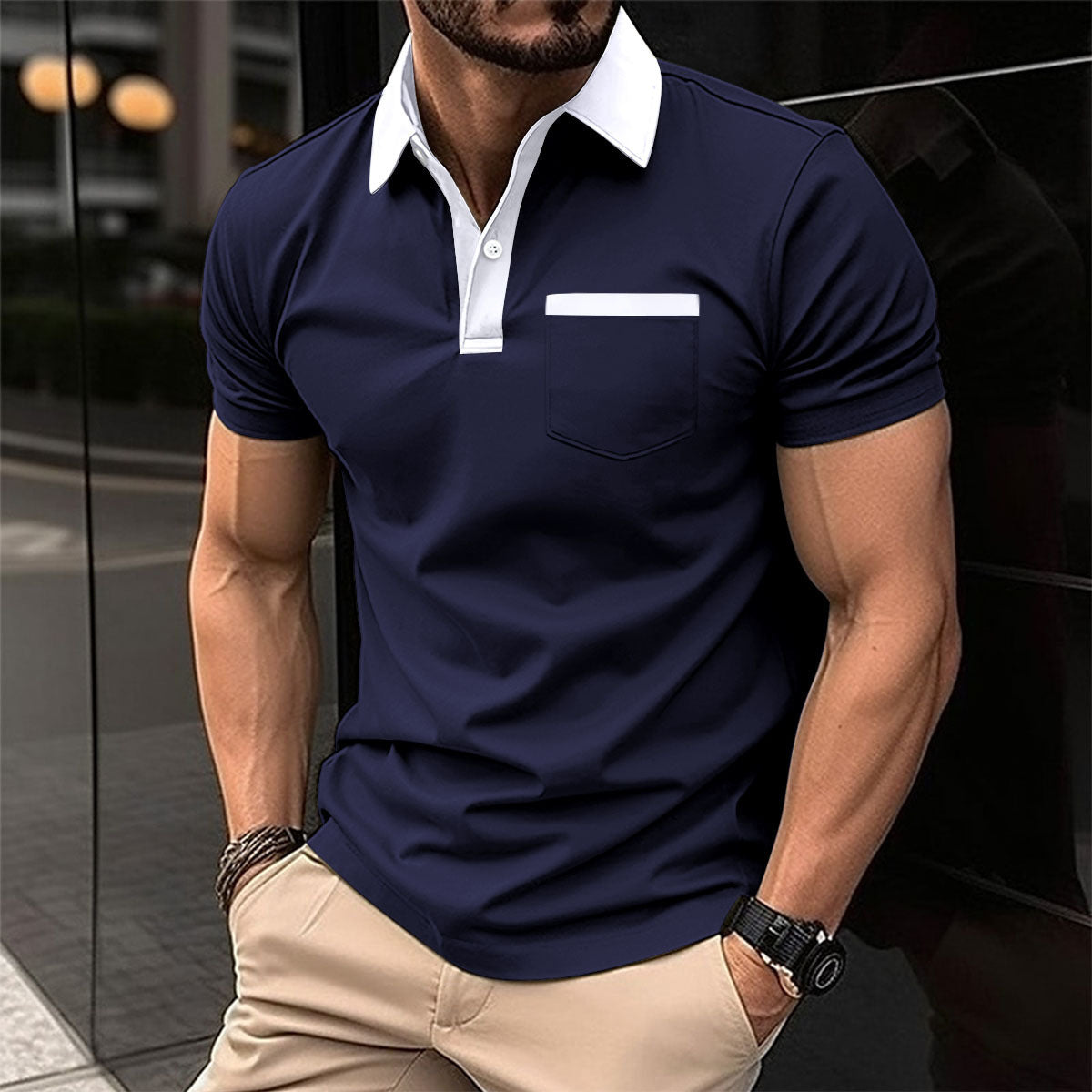 Lapel Fashion Slim Pocket Short-sleeved T-shirt Polo Shirt Men Clothing Demandx