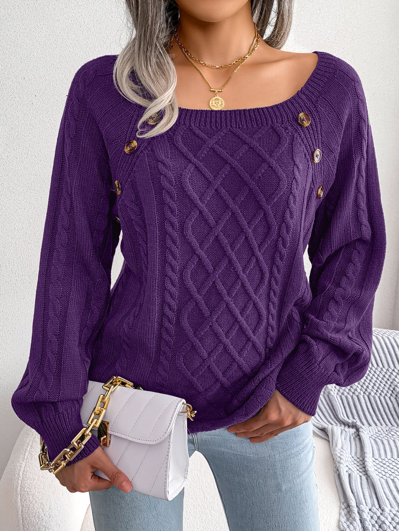 Square Neck Knitted Sweater With Button Design Winter Warm Long Sleeve Tops Women's Clothing Demandx