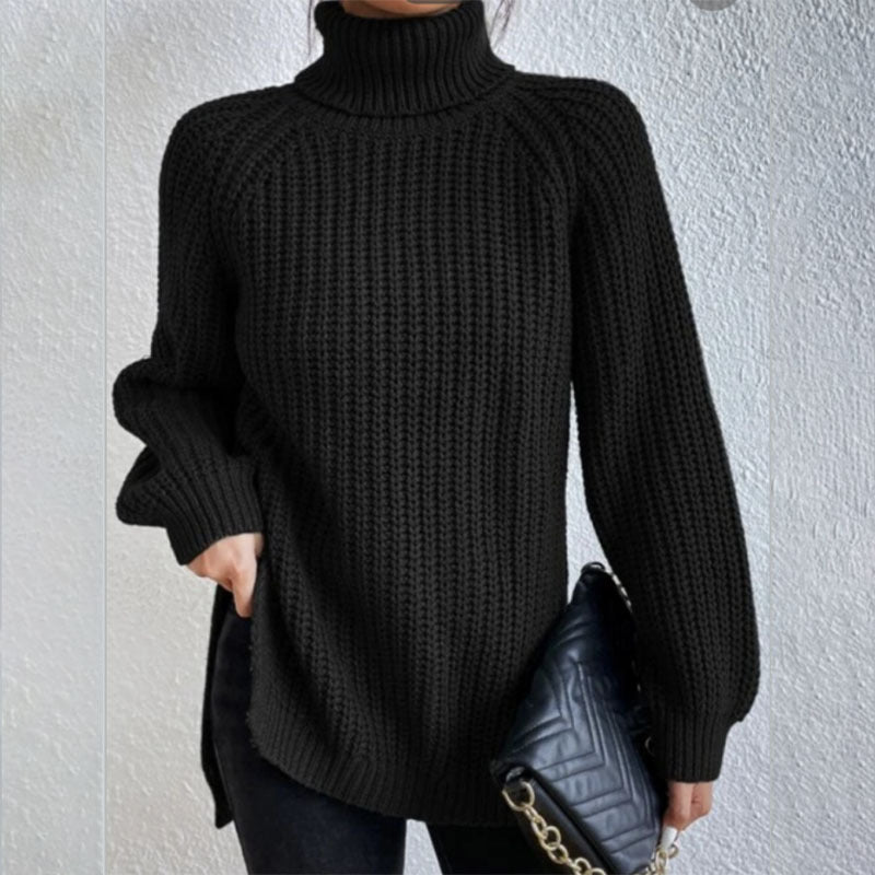 Turtleneck Pullover Sweater With Split Design Fashion Simple Solid Color Long Sleeve Tops Women's Clothing Demandx