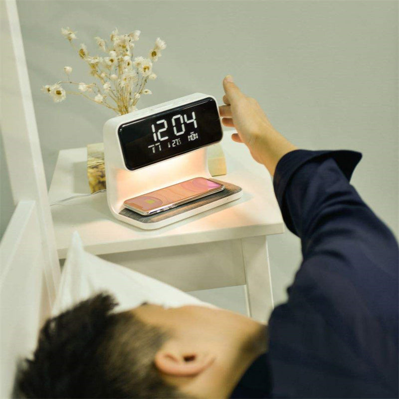 Creative 3 In 1 Bedside Lamp Wireless Charging LCD Screen Alarm Clock  Wireless Phone Charger Demandx