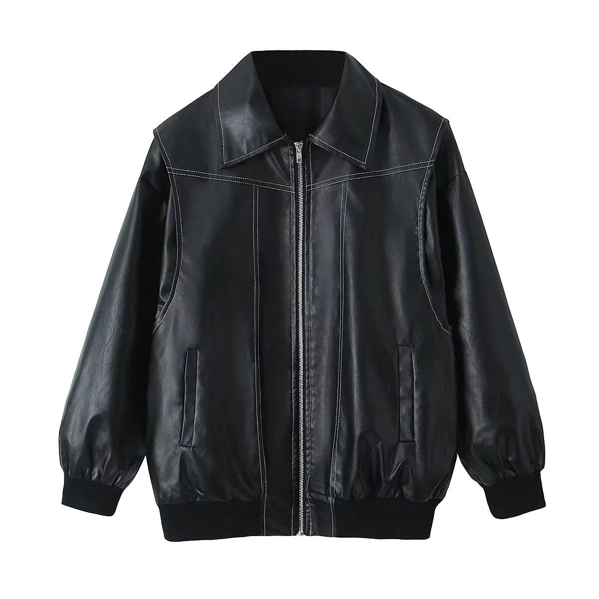 Loose Fashion Lapel Zip-up Jacket Cool Long Sleeve Zipper Closure Moto Biker Leather Jacket Womens Clothing Demandx