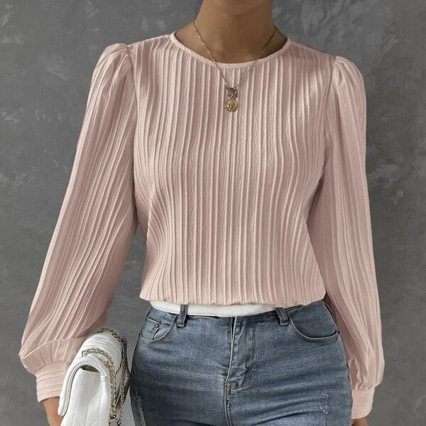 European And American Spring Round Neck Lantern Sleeve Solid Color Unity Long Sleeve Temperament Solid Blouse Demandx