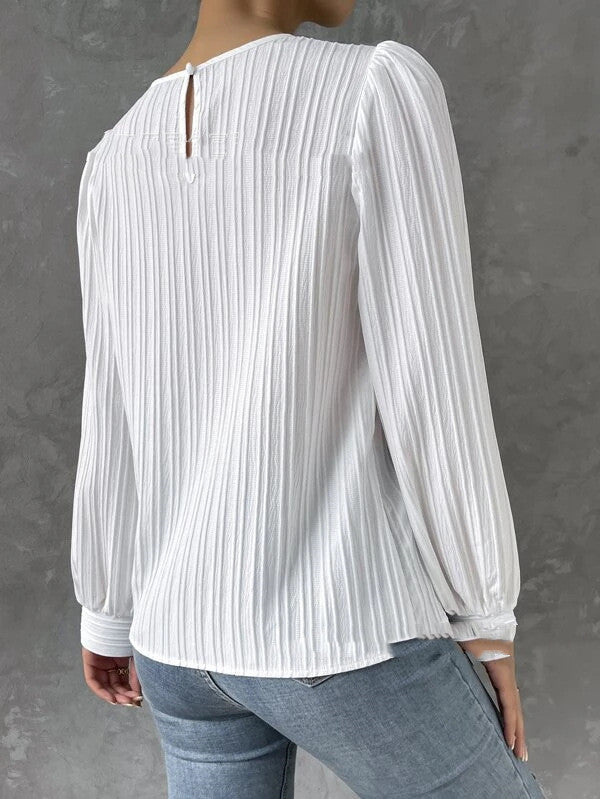 European And American Spring Round Neck Lantern Sleeve Solid Color Unity Long Sleeve Temperament Solid Blouse Demandx