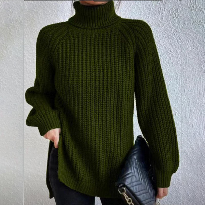 Turtleneck Pullover Sweater With Split Design Fashion Simple Solid Color Long Sleeve Tops Women's Clothing Demandx