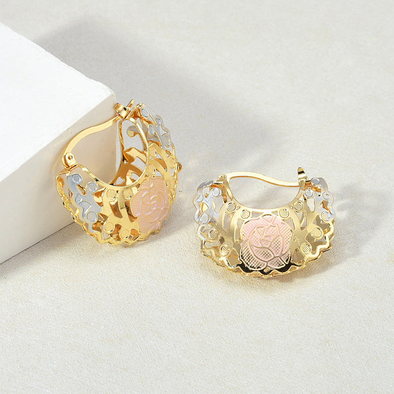 Hollow Rosette Earrings With Gold Contrast Hoops Demandx