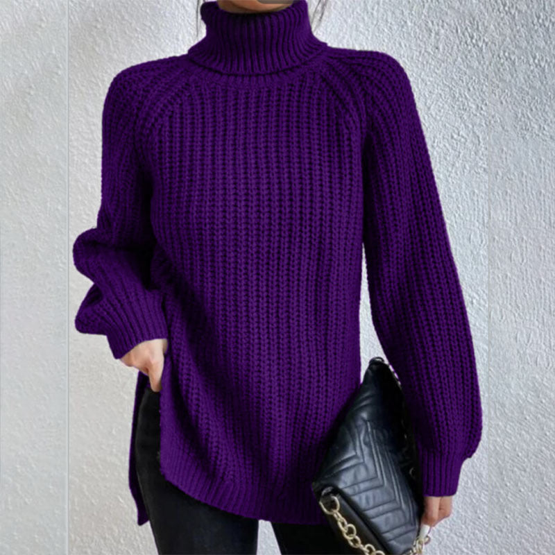 Turtleneck Pullover Sweater With Split Design Fashion Simple Solid Color Long Sleeve Tops Women's Clothing Demandx