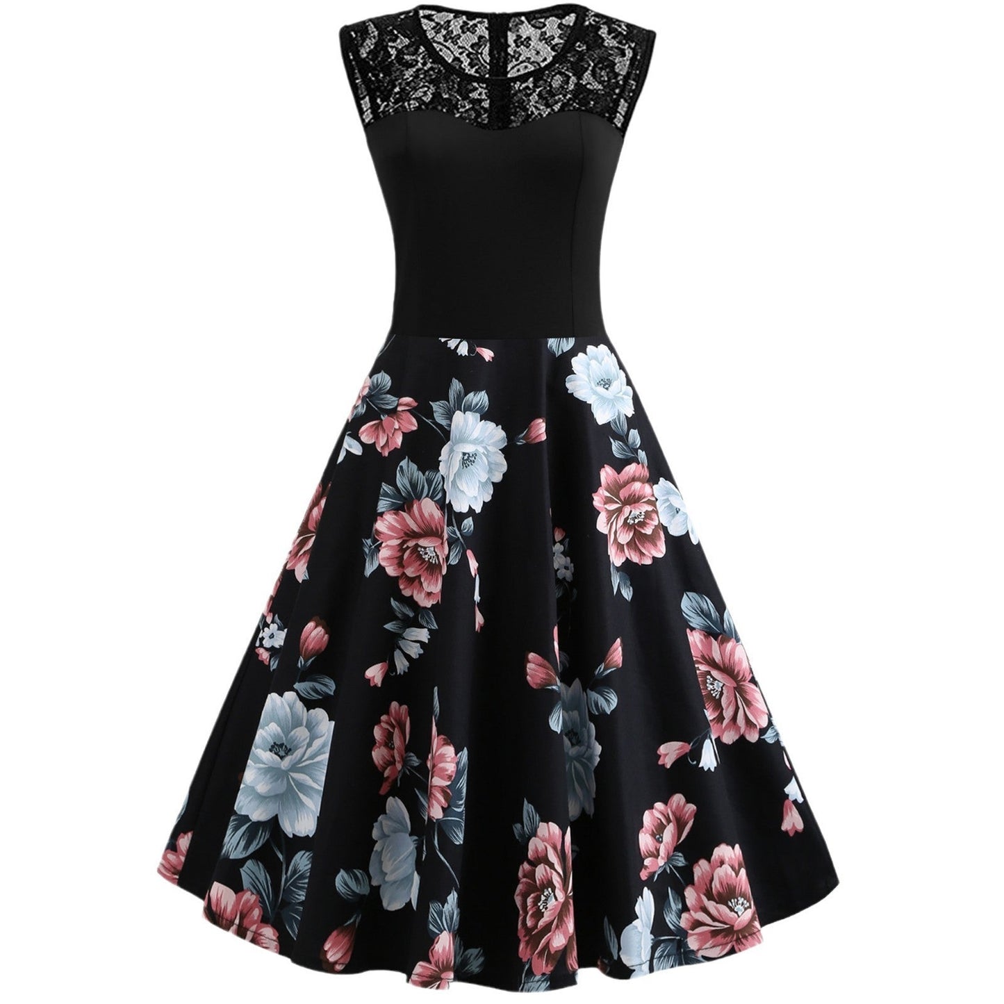 Lace Stitching Sleeveless Hot-selling Floral-print Retro Dress Demandx