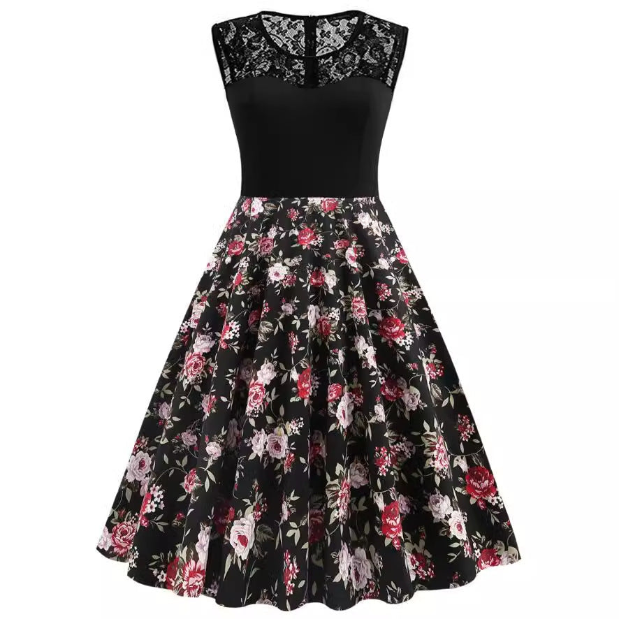 Lace Stitching Sleeveless Hot-selling Floral-print Retro Dress Demandx