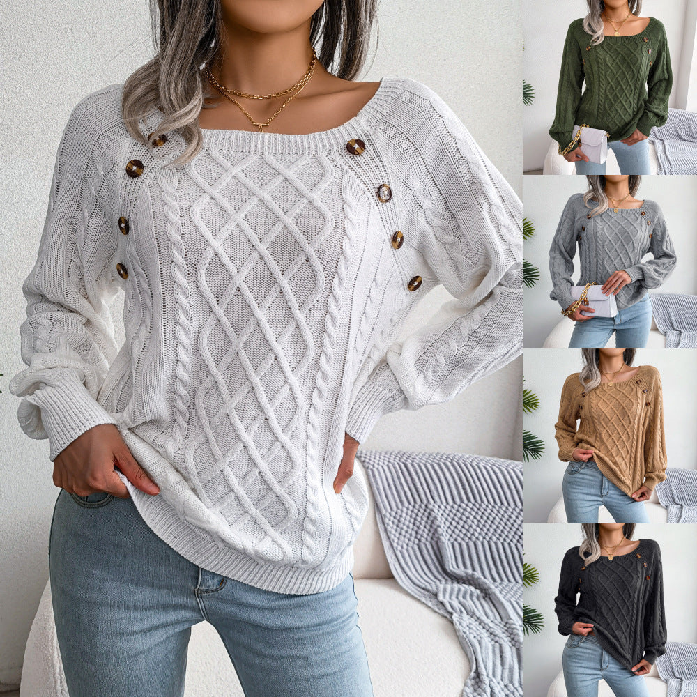 Square Neck Knitted Sweater With Button Design Winter Warm Long Sleeve Tops Women's Clothing Demandx