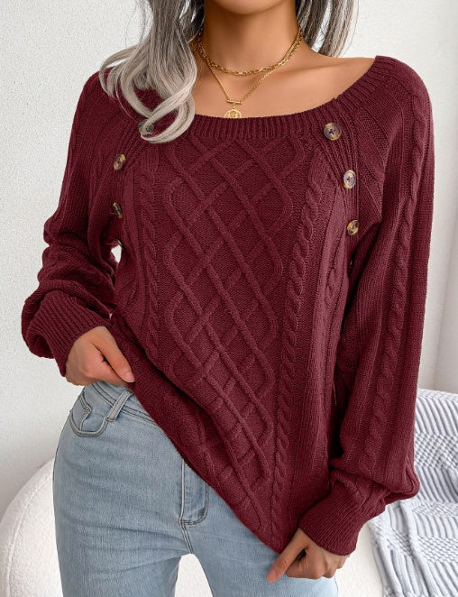 Square Neck Knitted Sweater With Button Design Winter Warm Long Sleeve Tops Women's Clothing Demandx