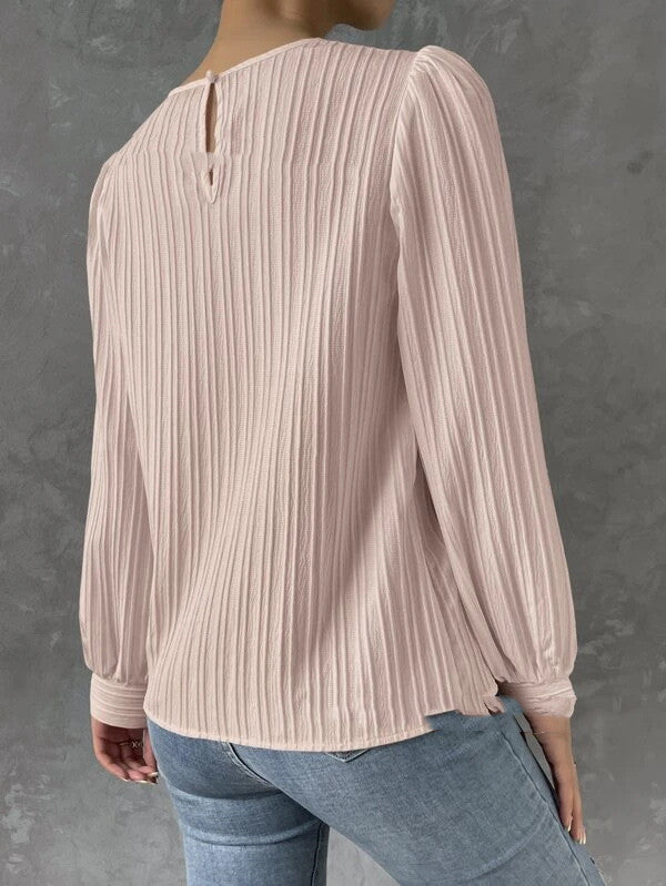 European And American Spring Round Neck Lantern Sleeve Solid Color Unity Long Sleeve Temperament Solid Blouse Demandx