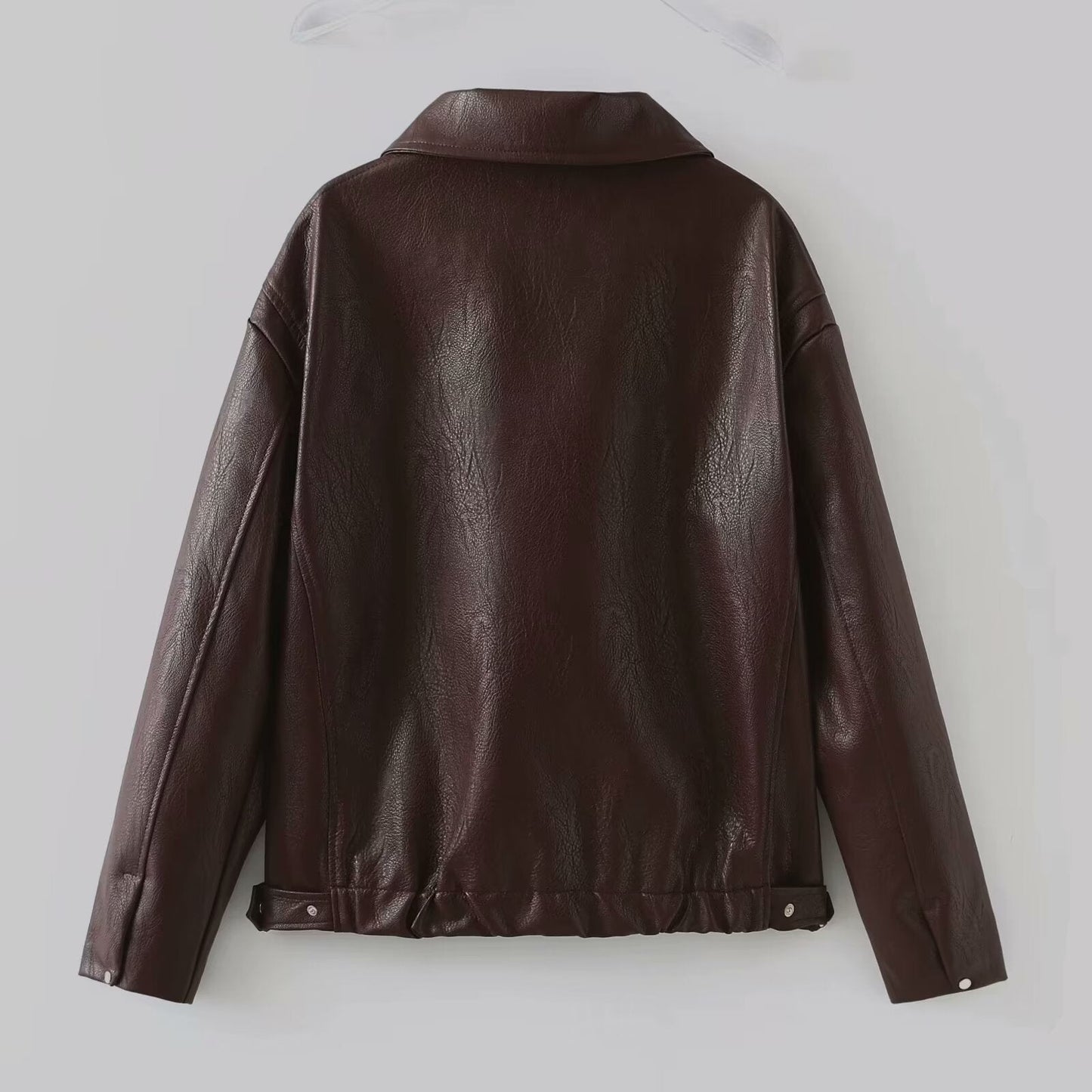 Solid Color Lapel Zipper Jacket Fashion Casual Long Sleeve Leather Coat Tops Women Clothing Demandx