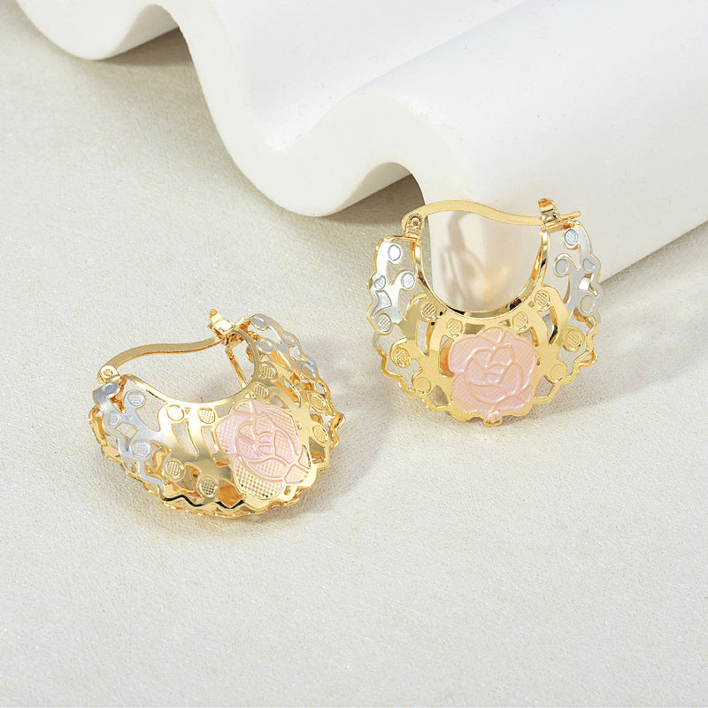 Hollow Rosette Earrings With Gold Contrast Hoops Demandx