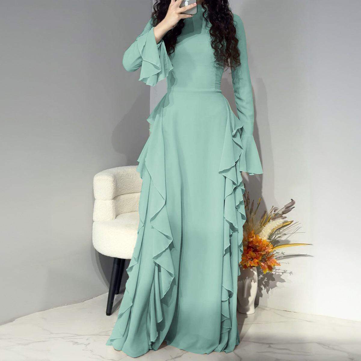 Elegant High Waist Design Bell Sleeve Dress Demandx