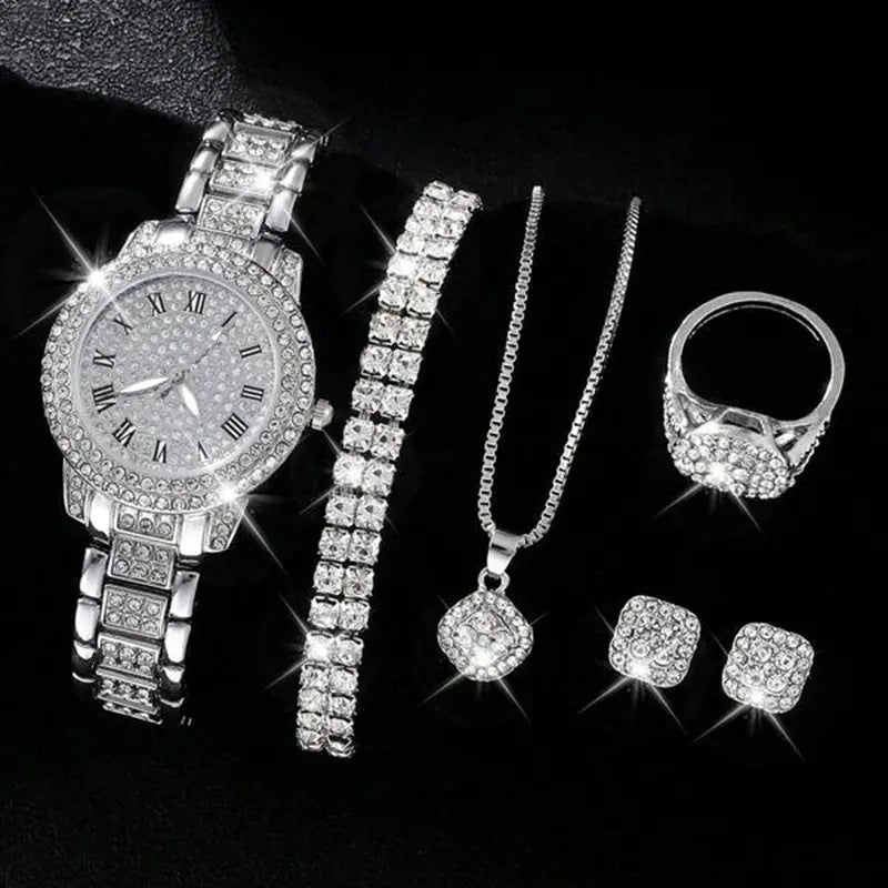 Women's Diamond Fashion Roman Quartz Watch Five-piece Set Demandx