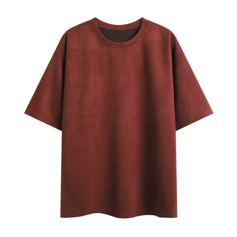 New Men's Second Section Solid Color Light Board Suede Loose Round Neck Pullover Short Sleeve T-shirt Demandx