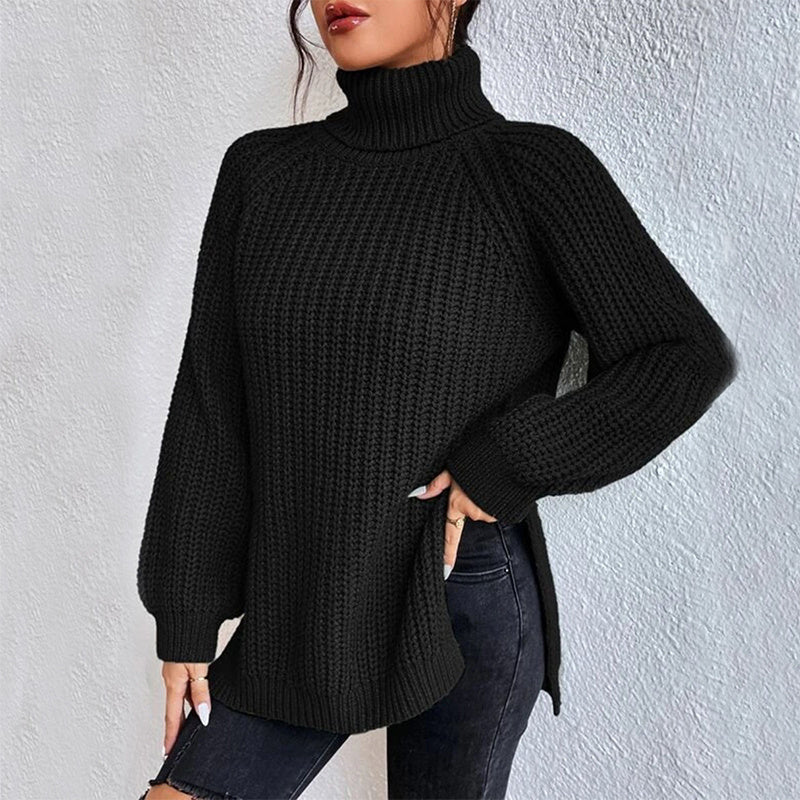 Turtleneck Pullover Sweater With Split Design Fashion Simple Solid Color Long Sleeve Tops Women's Clothing Demandx