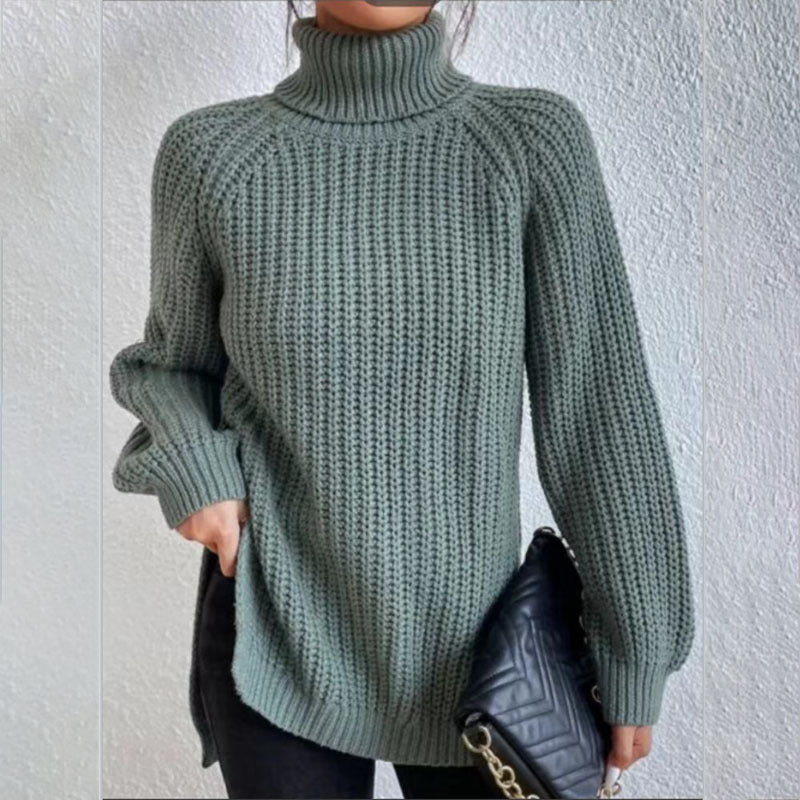 Turtleneck Pullover Sweater With Split Design Fashion Simple Solid Color Long Sleeve Tops Women's Clothing Demandx