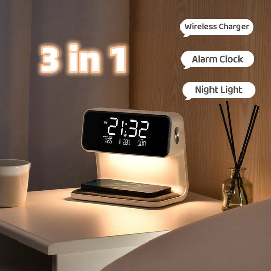 Creative 3 In 1 Bedside Lamp Wireless Charging LCD Screen Alarm Clock  Wireless Phone Charger Demandx