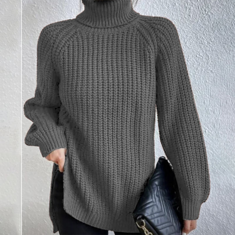 Turtleneck Pullover Sweater With Split Design Fashion Simple Solid Color Long Sleeve Tops Women's Clothing Demandx