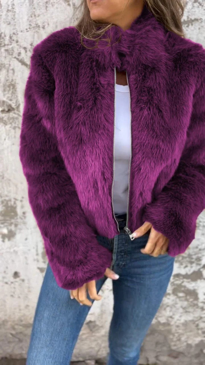 Fashion Stand Collar Plush Jacket Winter Casual Turtleneck Zipper Coat Fleece Tops Women's Clothing Demandx