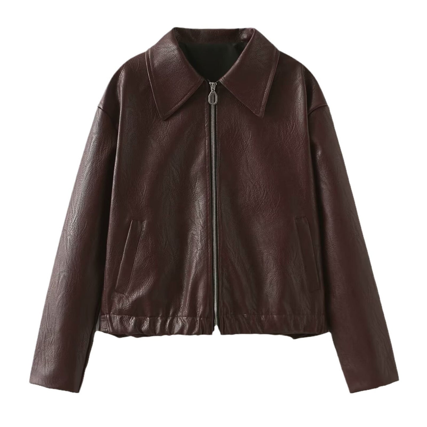 Solid Color Lapel Zipper Jacket Fashion Casual Long Sleeve Leather Coat Tops Women Clothing Demandx