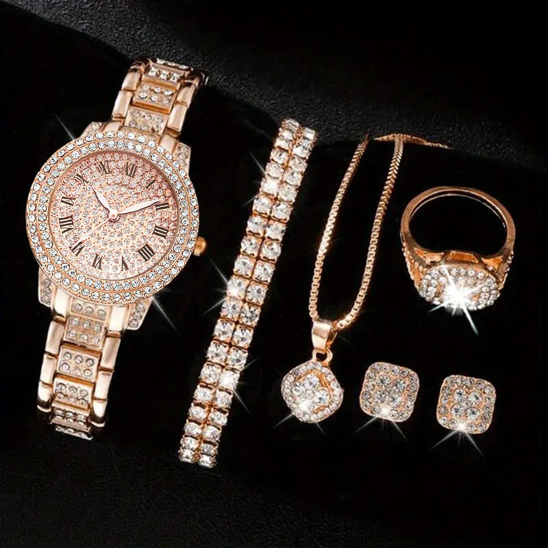 Women's Diamond Fashion Roman Quartz Watch Five-piece Set Demandx