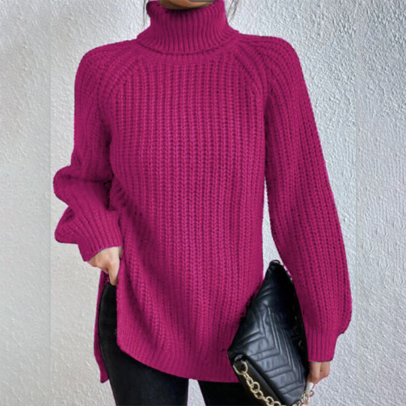 Turtleneck Pullover Sweater With Split Design Fashion Simple Solid Color Long Sleeve Tops Women's Clothing Demandx