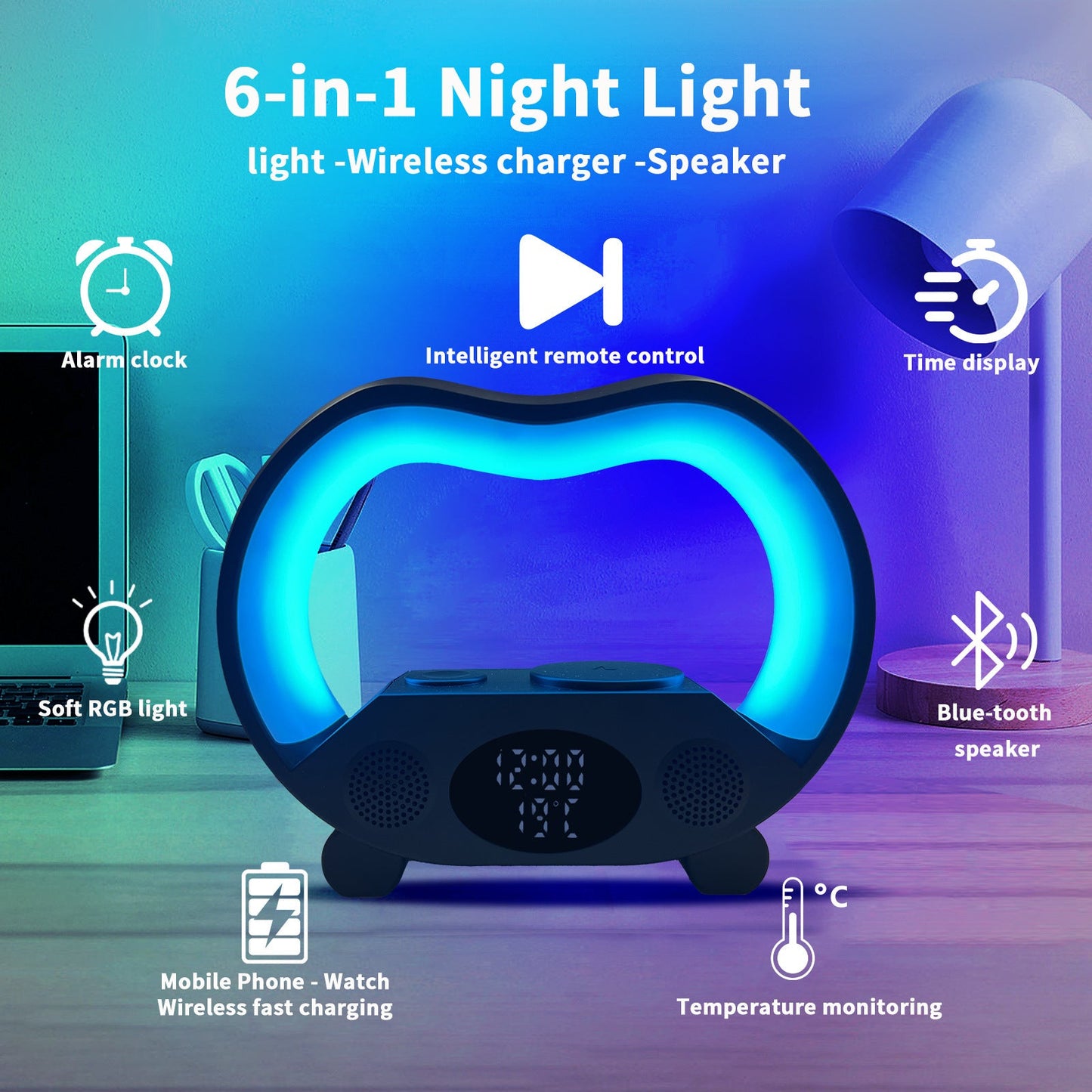 2024 New 6 In 1 Smart Remote Control Bluetooth-compatible Ambience Intelligent LED Table Lamp Multi-function Wireless Charger Night Light Bluetooth-compatible Speaker Demandx