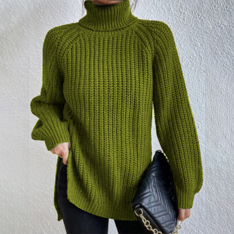 Turtleneck Pullover Sweater With Split Design Fashion Simple Solid Color Long Sleeve Tops Women's Clothing Demandx