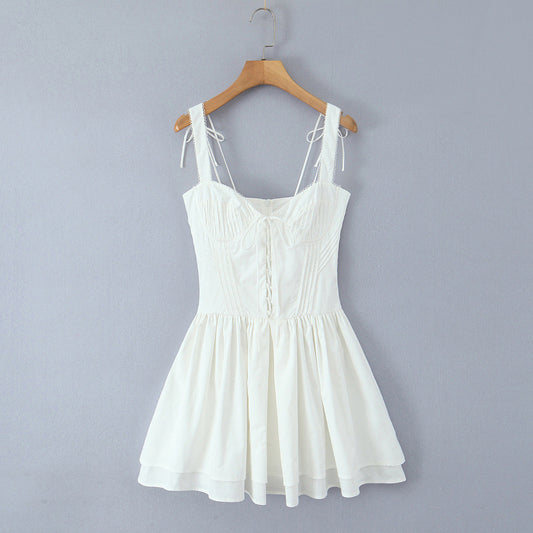 European And American Style Simple Solid Color Holiday Leisure Slim-fitting Patchwork Rope Sling Dress Demandx