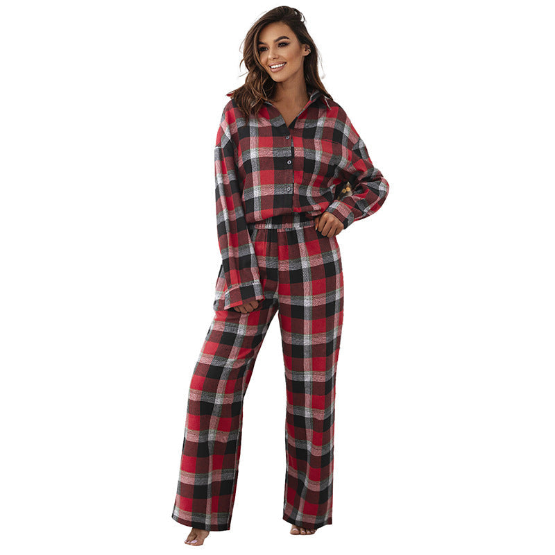 Loose Leisure Suit Women's European And American Fashion Plaid Printing Color Contrast Homewear Women Demandx