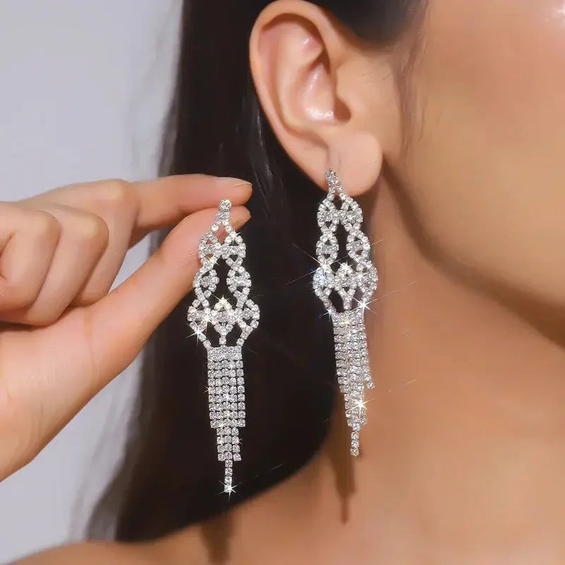 FYUAN Fashion Long Tassel Crystal Drop Earrings for Women Silver Color Rhinestone Dangle Earring Wedding Party Jewelry Demandx