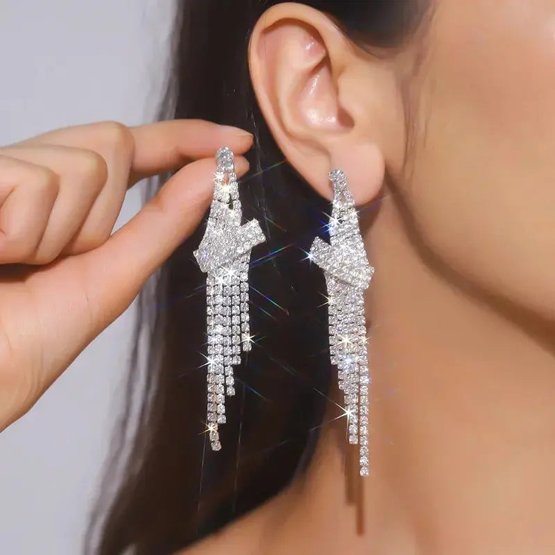 FYUAN Fashion Long Tassel Crystal Drop Earrings for Women Silver Color Rhinestone Dangle Earring Wedding Party Jewelry Demandx