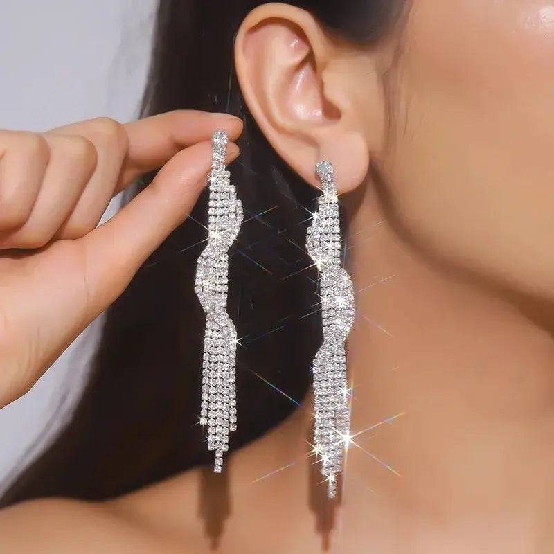 FYUAN Fashion Long Tassel Crystal Drop Earrings for Women Silver Color Rhinestone Dangle Earring Wedding Party Jewelry Demandx