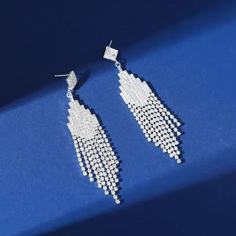 FYUAN Fashion Long Tassel Crystal Drop Earrings for Women Silver Color Rhinestone Dangle Earring Wedding Party Jewelry Demandx