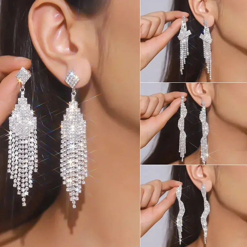 FYUAN Fashion Long Tassel Crystal Drop Earrings for Women Silver Color Rhinestone Dangle Earring Wedding Party Jewelry Demandx