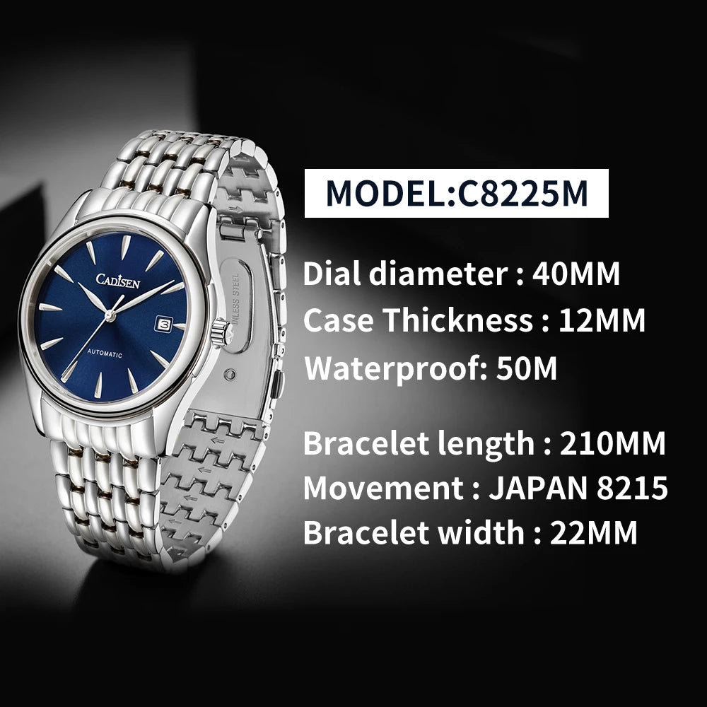 CADISEN 2024 New 40mm Men's Automatic Machinery Watches Stainless Steel AR Sapphire MIYOTA 8215 Business Watches Watch for Men Demandx