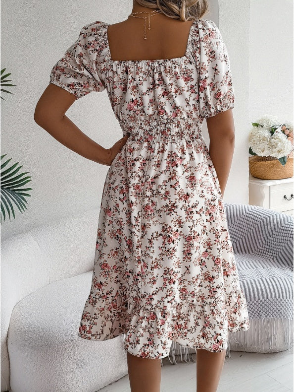 Spring Summer Casual Vacation Puff Sleeve Drawstring Short Sleeve Floral Dress Demandx