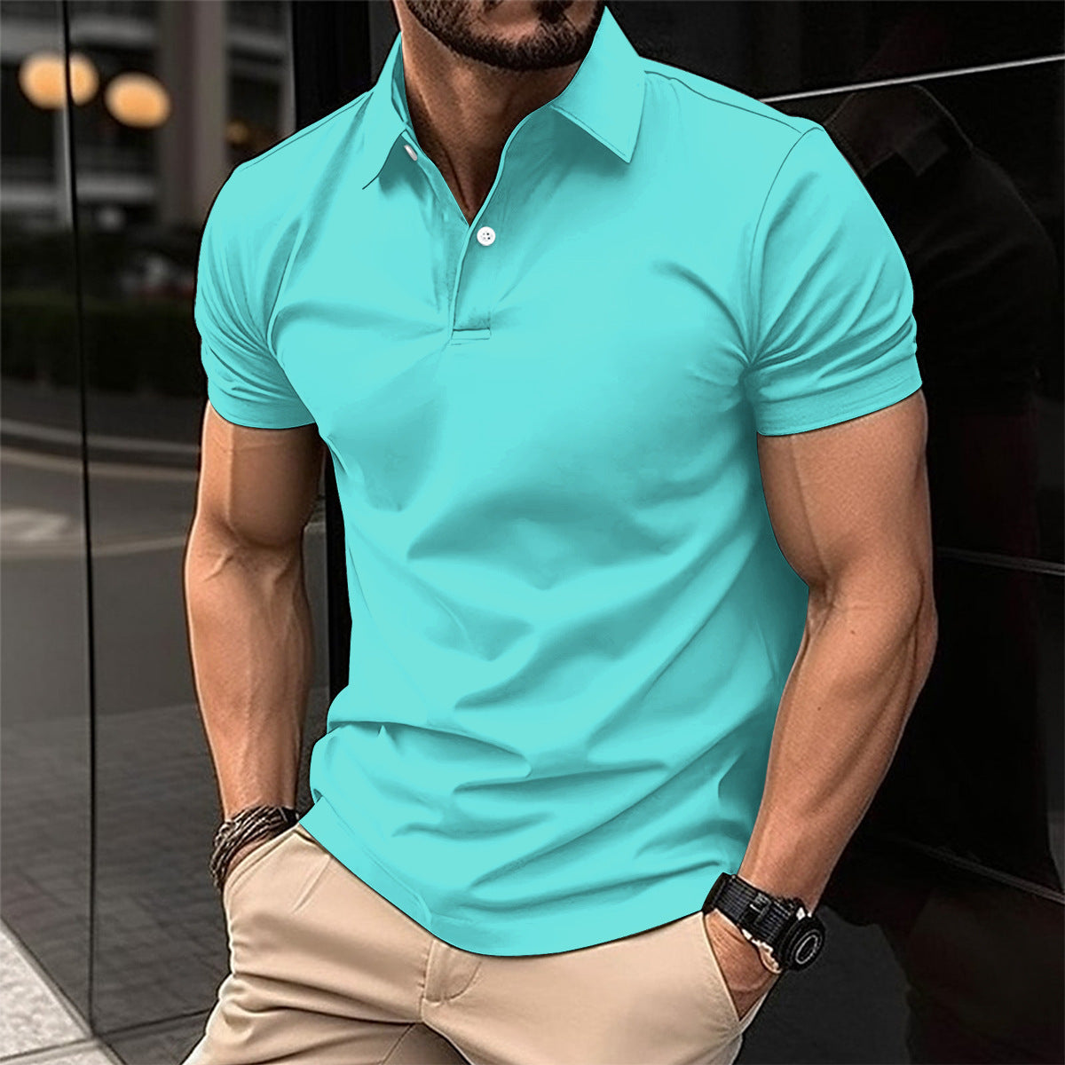 Summer Short Sleeve Polo Shirt Men Solid Color Button Lapel Button Top Demandx