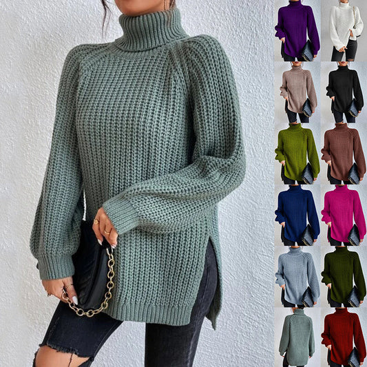 Turtleneck Pullover Sweater With Split Design Fashion Simple Solid Color Long Sleeve Tops Women's Clothing Demandx