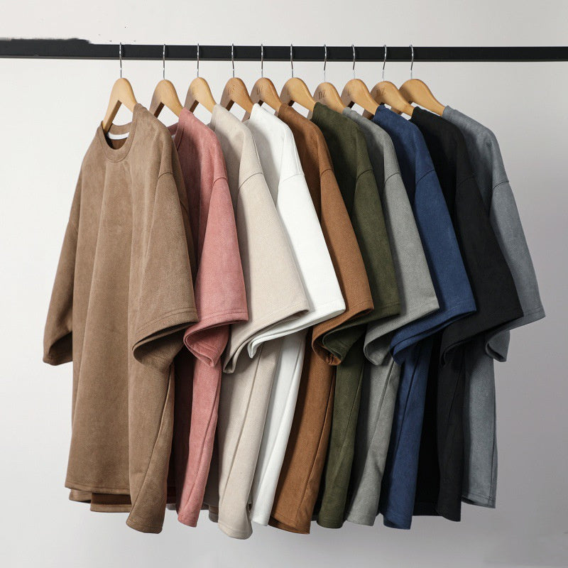 New Men's Second Section Solid Color Light Board Suede Loose Round Neck Pullover Short Sleeve T-shirt Demandx