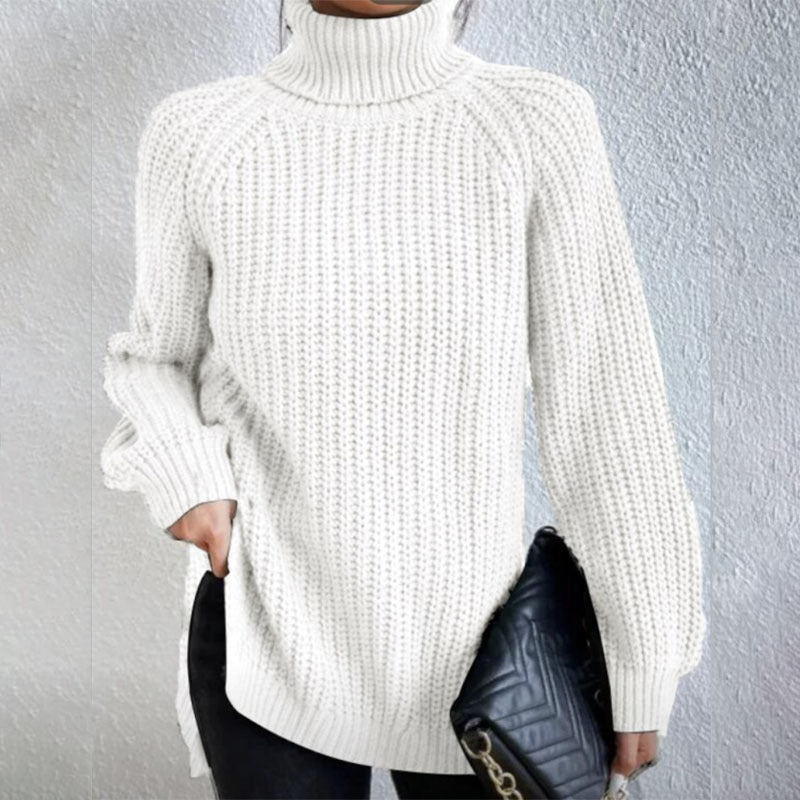 Turtleneck Pullover Sweater With Split Design Fashion Simple Solid Color Long Sleeve Tops Women's Clothing Demandx