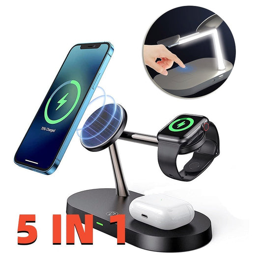 Multifunctional Five-In-One Magnetic Wireless Charging Watch Headset Desktop Mobile Phone Holder Charger 15W Fast Charge Demandx